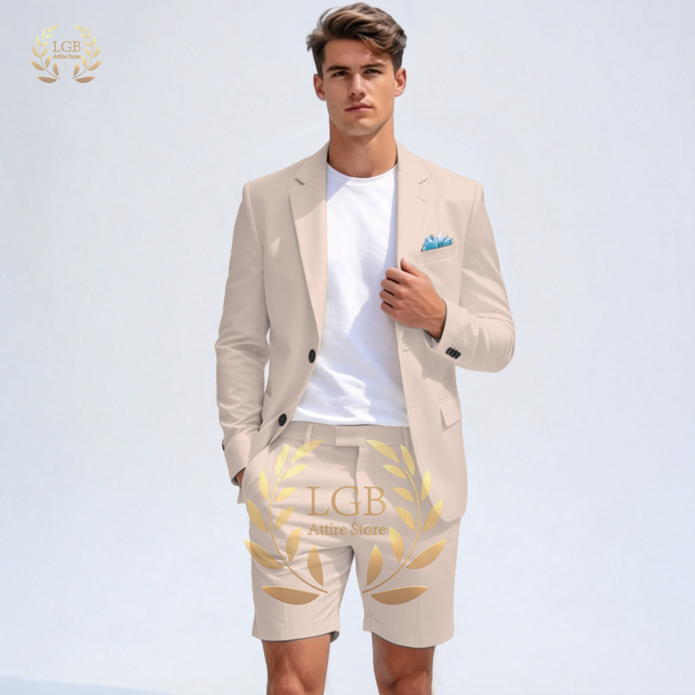 Men Formal Wear Wedding Guest - Мужской бежевый костюм-двойка: приталенный пиджак и