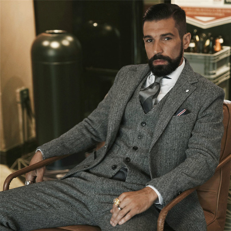 Men Formal Wear Wedding - Мужской твидовый костюм в елочку, серый